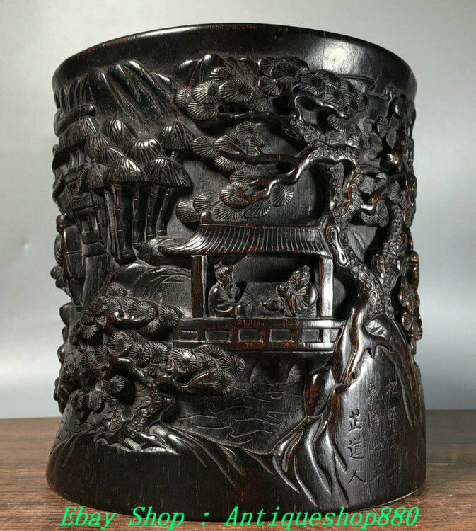 China Ebony Wood Carving Pine Tree Old Man Tongzi Brush Pot