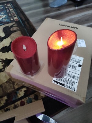 Set Of 2 Luminara Flameless Candles Glitter Plum Pink/Red 5  & 7  No Remote 