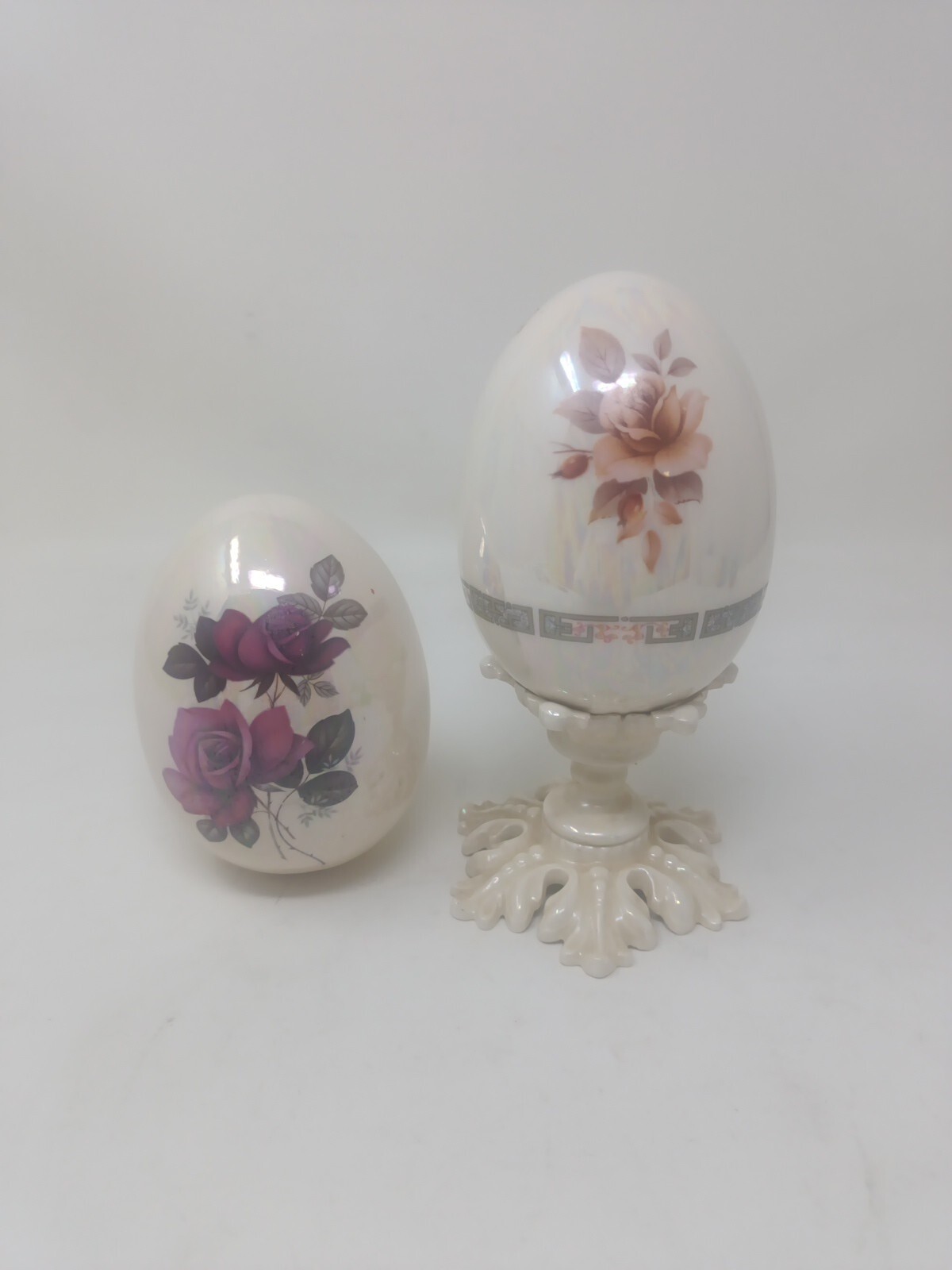 Vintage Opal Iridescent Porcelain Rose Egg on Footed Pedestal