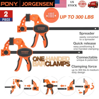 Jorgensen 12" Bar Clamp Set E-Z Hold F Clamp One-Handed Spreader Clamp 2-Pack US