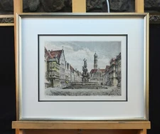 Beautifully Framed Vintage Colored Etching Print - European Statue Fountain