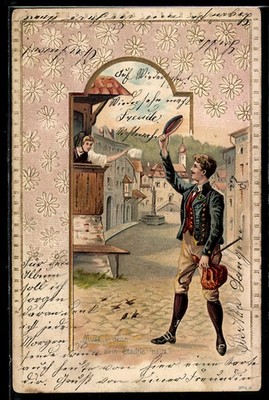AK Muss i denn zum Städtle ´naus, Herr winkt Frau auf dem Balkon zu 1909 