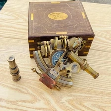 Vintage Style Brass Sextant with Wooden Storage Box | Nautical Decor Gift
