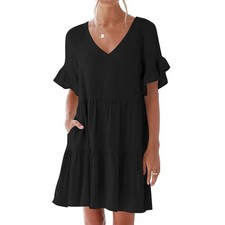AWomen's Summer Casual Dress, V-Neck Ruffle Sleeve Tiered Mini Dress, Soft Comfy