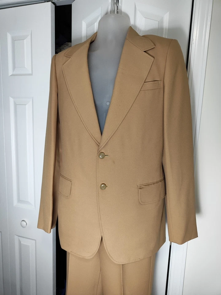 Mens VTG 1970s 2 PC Sand Disco Leisure Suit Sz S/M Flare Leg Pleated Back Japan - Image 2 of 4
