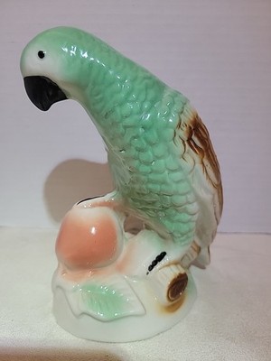 Vintage Ceramic Parrot Figurine Bird Sitting on Perch Made in Brazil 6''