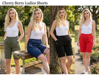 LADIES WOMENS CHERRY BERRY SHORTS STRETCHY SUMMER COTTON ELASTICATED PANTS