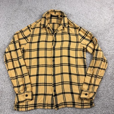 Allsaints Shirt Mens Large Yellow Check Rayon Arline Loop Collar Button Up Beach