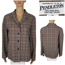 Pendleton Womens 12 Blazer Jacket 100 Virgin Wool Plaid Made In USA Brown Tan