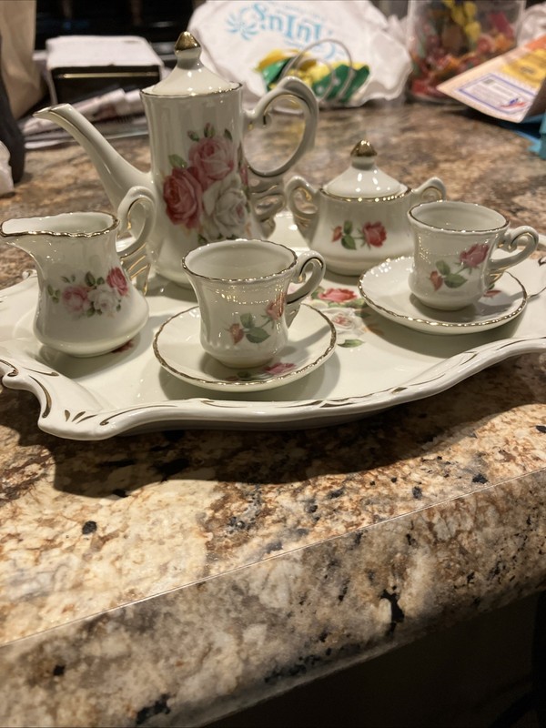 Miniature Bone Chine Rose Floral Childs Tea Set With Tray 