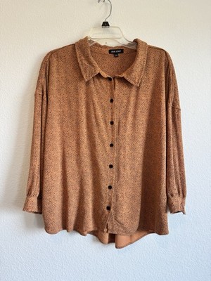 Dear John Women's 3/4 Sleeve Brown Black Dot Button Down Blouse Large *Flaw*