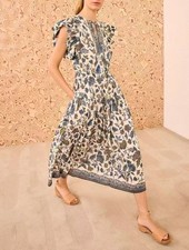 Women Ulla Johnson Tie Neck Floral A-line Flare Midi Dress