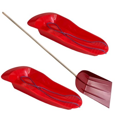 2 x Schneeschlitten Kunststoff Rodel Schlitten & langer Stiel...