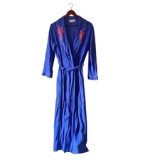 Vintage Royal Blue Embroidered Maxi Robe Made in USA Loungewear cottagecore