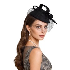 Vintage Wool Fascinator Hat for Women Black Pillbox Hat with Veil Bow Formal ...
