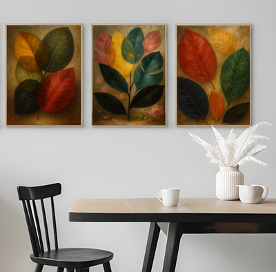 3er Set lebendige Blätter mit braunem Hintergrund Botanik Poster Kunstdruck A3 A4 A5