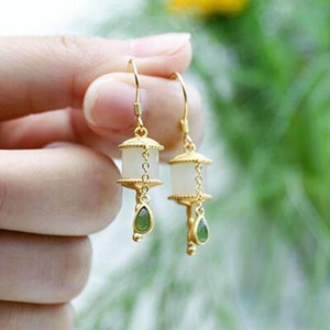 Authentic Chinese Prayer Wheel Earrings Fringe Jade Gold Plated Dangle Amulet Buddhism