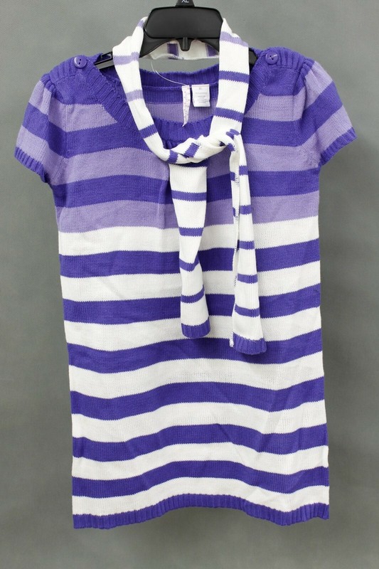 Heart-n-Crush Girl's Knit Tunic Top Sweater Scarf Combo Purple White Stripes XL