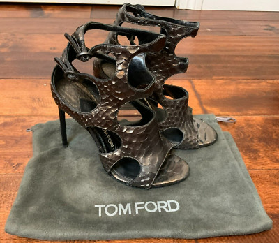 Tom Ford Gray Leather Snakeskin Textured Strappy High Heels, Size 6.5 | 36.5