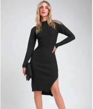 LULUS Snuggle Party Charcoal Gray Ribbed Knit Mock Neck Midi Sweater Dress L
