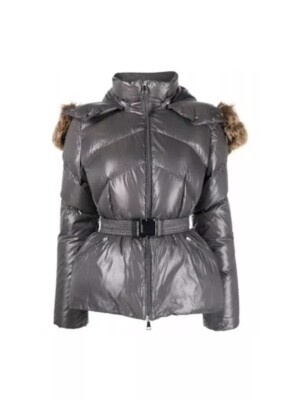 Moncler Womens Laitue Patch Fur Hood Short Padded Gray w/ Belt Size 2 - used