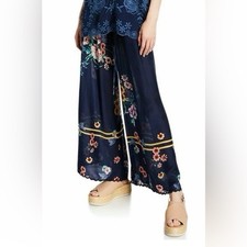 Johnny Was Navy Mariah Floral Smocked Waist Georgette Wide Led Pants Size Small
