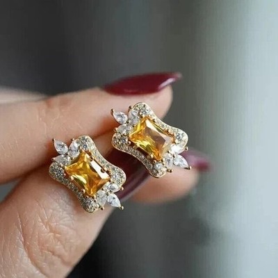 2Ct Emerald Cut Simulated Citrine Women's Stud Earrings In 14K White Gold Plated