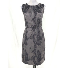 Ann Taylor Loft Dress Womens 12 Gray Print Cotton Pleated Neck Sheath Lined