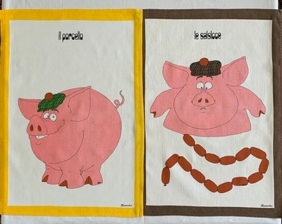 Vintage Tea Towels Italian Zucchi Pigs  ''The Pig'' & ''The Sausage'' Set of 2  Rare