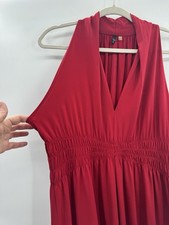 Tahari M Red Dress Midi Smocked Waist V-Neck Sleeveless Stretch Elevated Basic