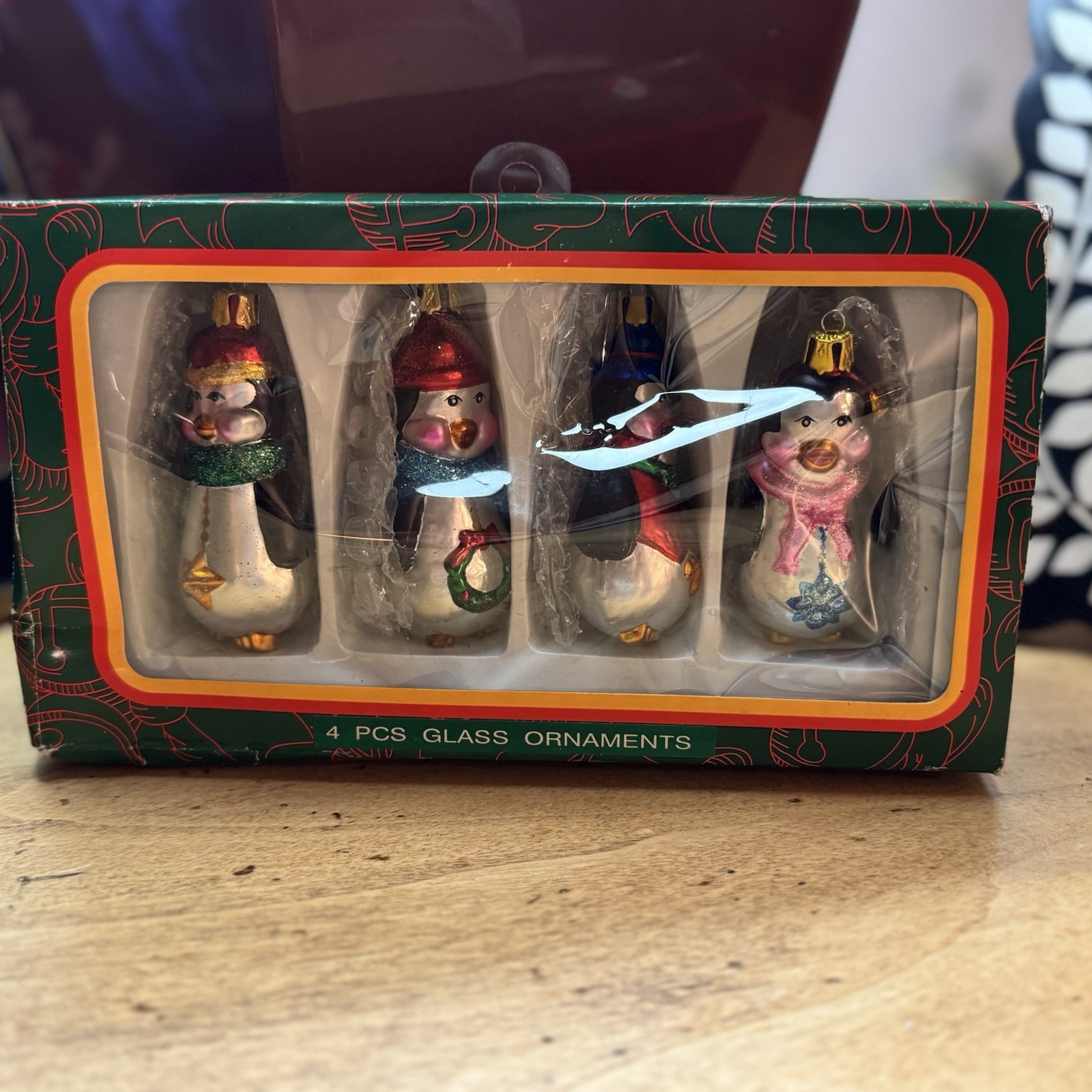 Vintage Kurt Adler Penguins Set of 4 Blown Glass Christmas Ornaments with Box