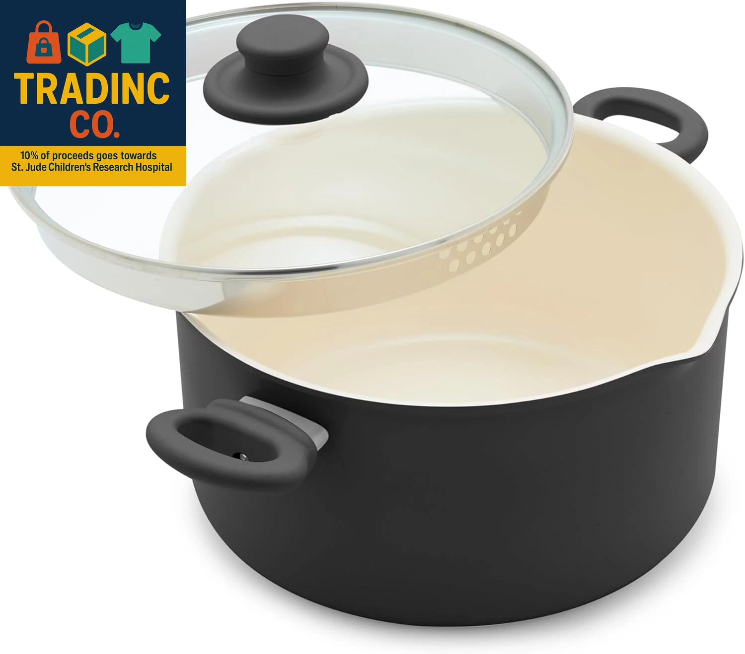 6QT Ceramic Nonstick Stockpot with Glass Straining Lid, Pfas-Free, Dishwasher Sa
