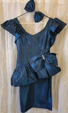 Vintage 80s Satin Blue Puff Sleeve Bow Back Dress Gown Prom Bridesmaid USA 5/6