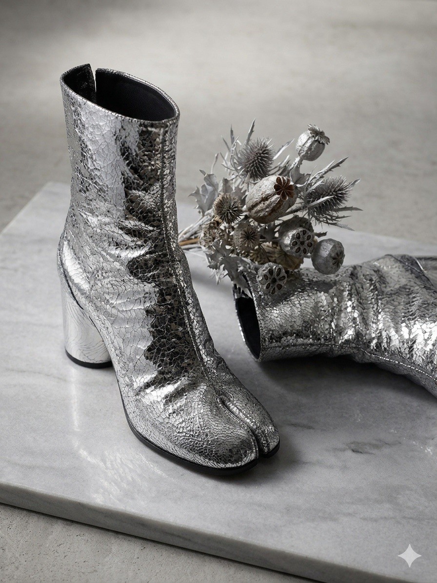 Maison Margiela Silver Cracked Leather Tabi Ankle Boots 36 pre
