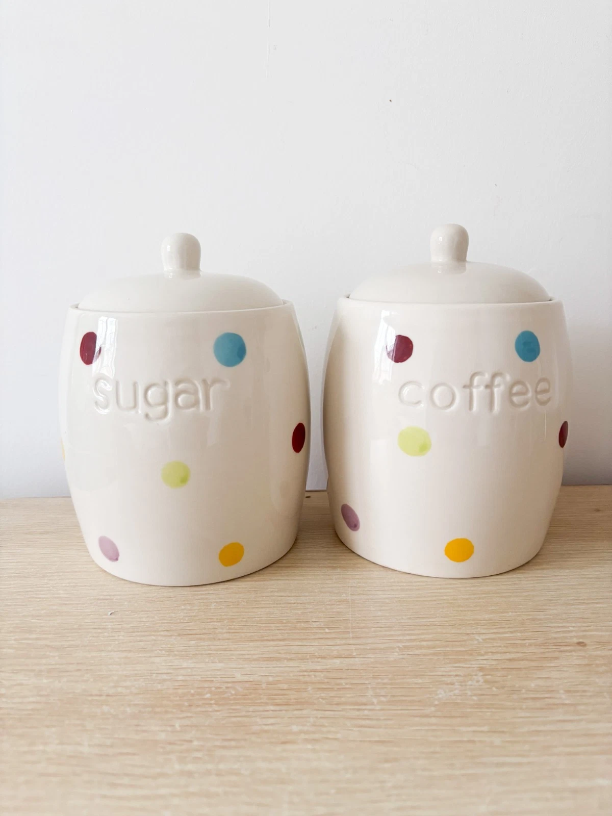 Rainbow Polka Dot Ceramic Coffee Sugar Countertop Storage Canisters Farmhouse