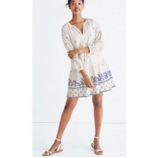 Madewell white jacquard dress blue floral embroidery XS 100 Cotton
