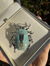 Pale Aqua Beetle Brooch Enamel-Style Insect Pin Gold Silver Sparkle