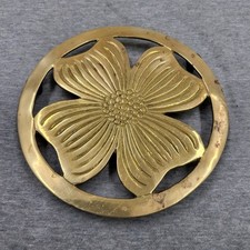 Vintage MCM Solid Brass Round Dogwood Flower Trivet 6" Raised Feet Floral