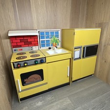 Yellow Kid's Pretend Play Kitchen Set 2PC Stove Sink Fridge Vintage 70s MCM