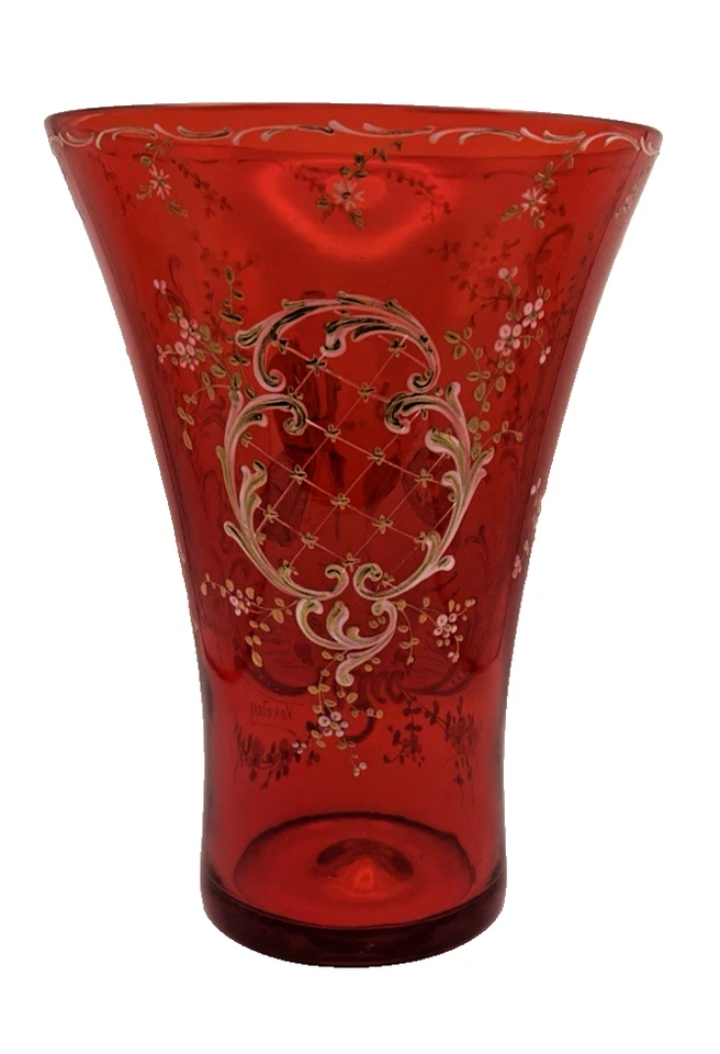 Large Bohemian (Czech) Moser/ Veroley Red Rudy Hand Painted Crystal Vase. Signed - Image 3 of 4