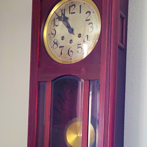 Mechanical Pendulum Hanging Wall Clock Westminster Chime Wood Glass Brown