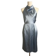 Lulus Satin Sheath Dress Womens Medium Silver Halter Backless Tie Knee Length