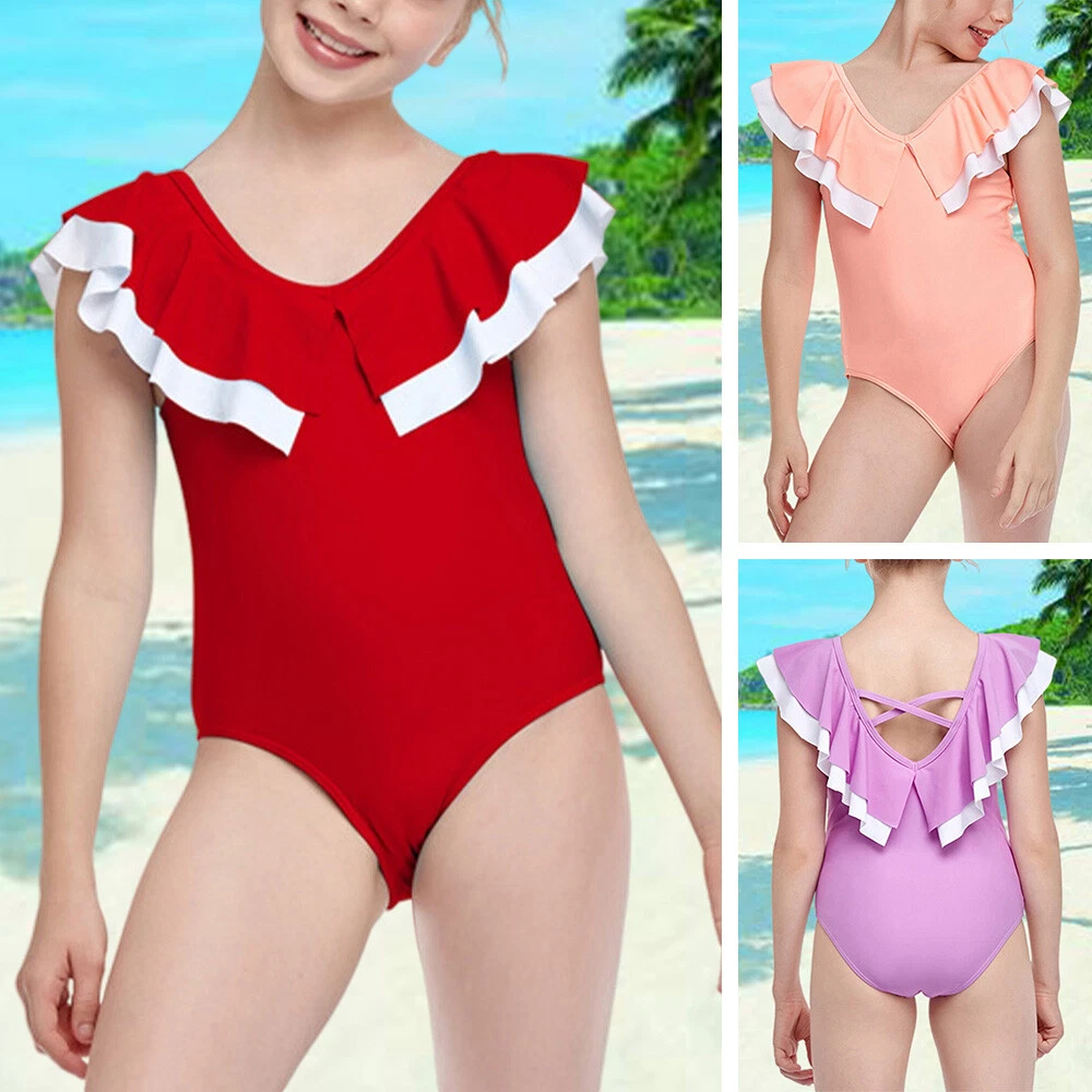 Kids Girls One Piece Ruffle Monokini Beachwear Swimsuits Bathing