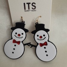 Snowman Drop Earrings Frosty Black White Lucite Crystals Santa Claus Xmas