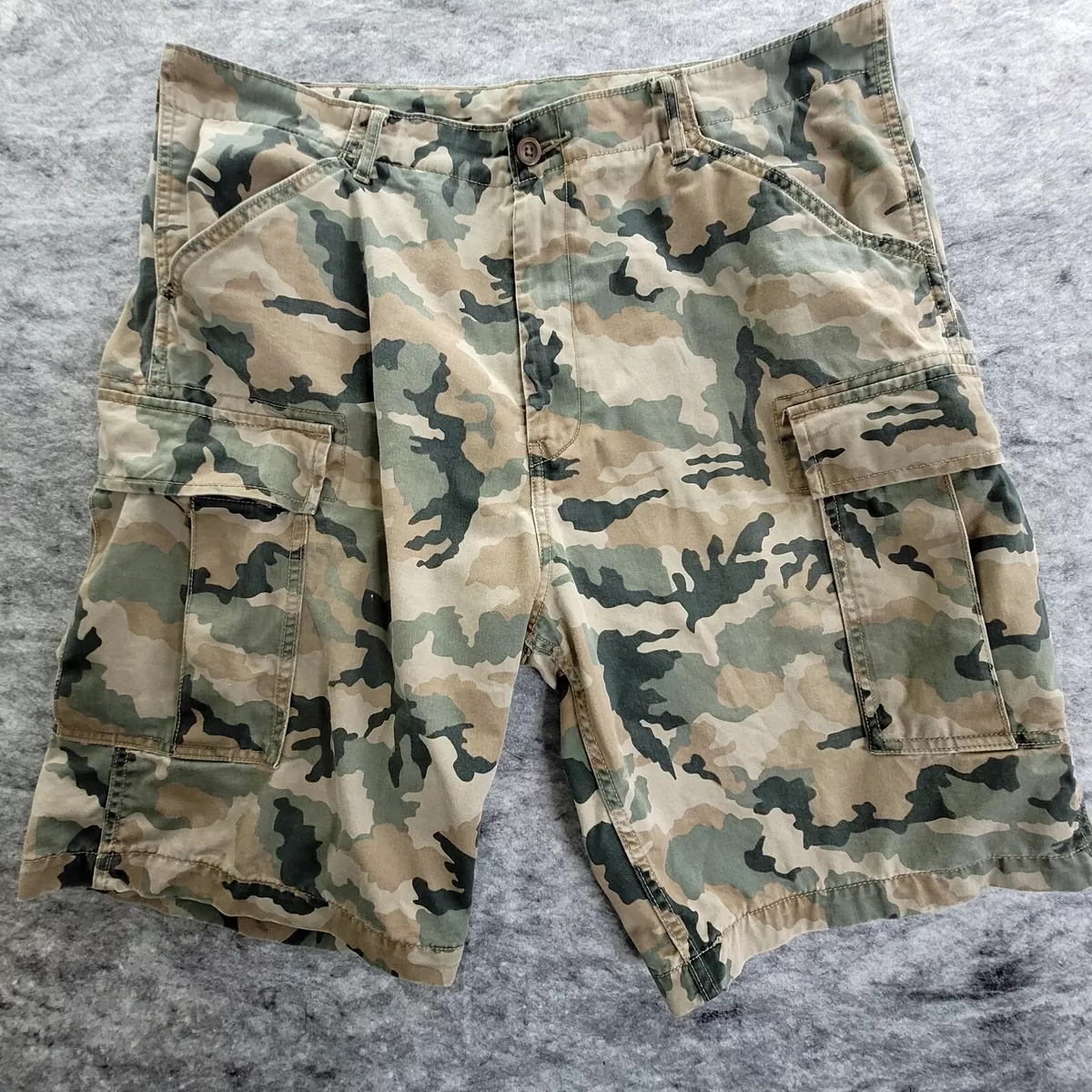 Indicator Cargo Shorts. 14 Inseam. Vintage Camouflage.