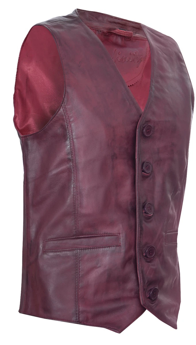 Mens Burgundy Leather Waistcoat Casual Classic Formal Traditional Gilet Vest