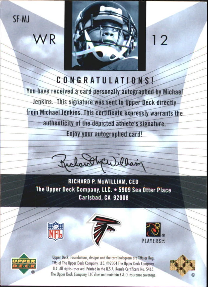 A8319- 2004 Upper Deck Foundations Foundations #SFMJ Michael Jenkins Auto -NM-MT - Image 2 of 2