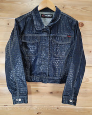 Rare Vintage Fubu Jacket Women Size Xl Denim Trucker Snakeskin Blue Snap Button