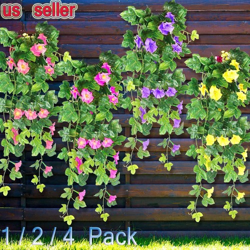 1-4Pack Artificial Fake Hanging Plant Morning Glory Flower Vine In/Outdoor Decor - 第 2/16 張圖片