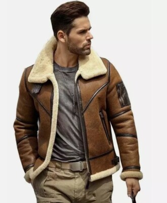 Mens B3 RAF Brown Bomber Flying Aviator Fur Jacket | Shearling Leather Jacket